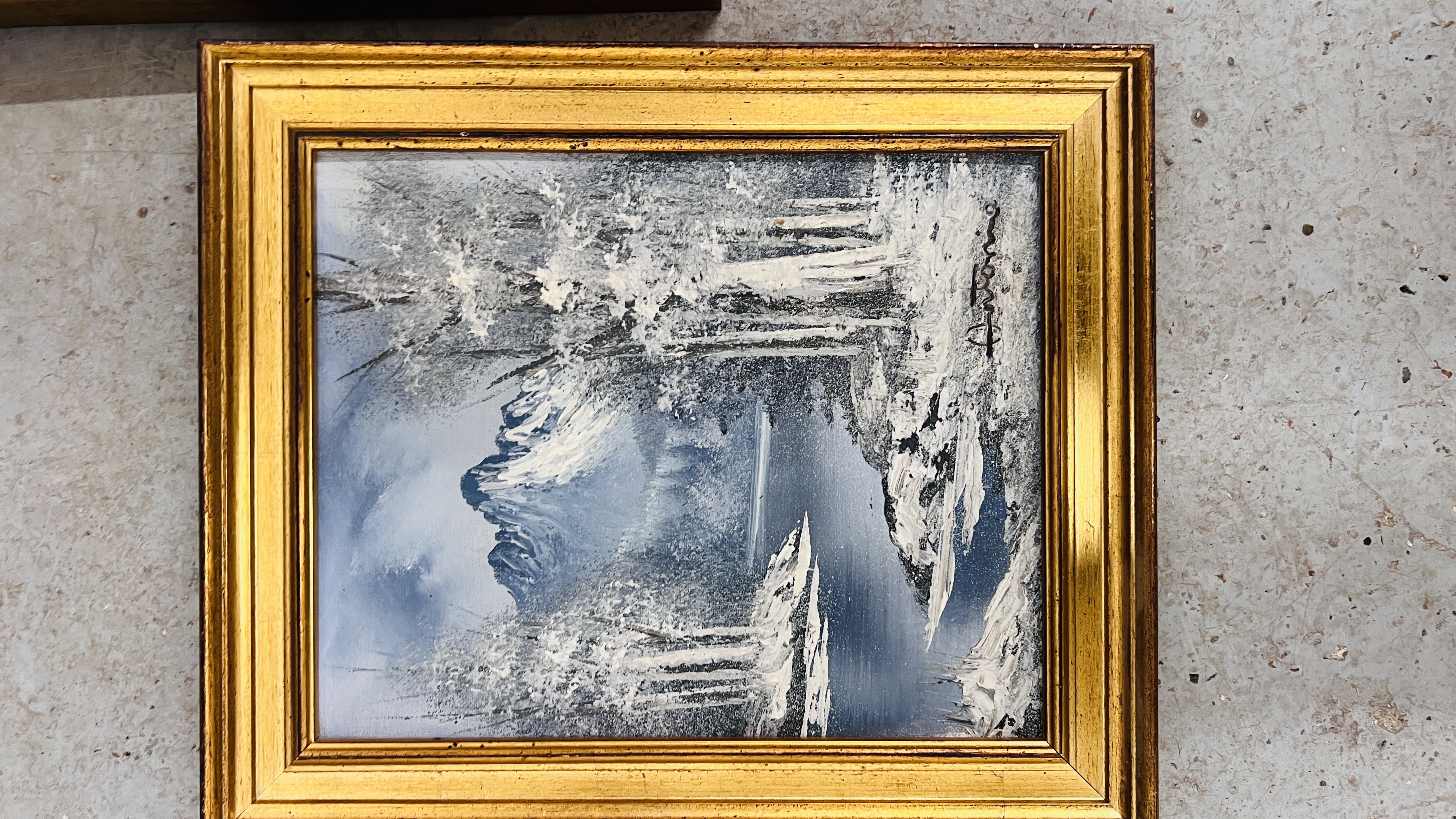 A PAIR OF GILT FRAMED OIL ON CANVAS PICTURES DEPICTING COTTAGES IN A SNOWY LANDSCAPE W 105. - Image 6 of 9