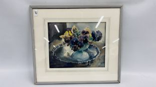 FRAMED AND GLAZED STILL LIFE WATERCOLOUR BY LOCAL ARTIST 'MARION ALLEN' TITLED 'PANSIES ON A SILVER