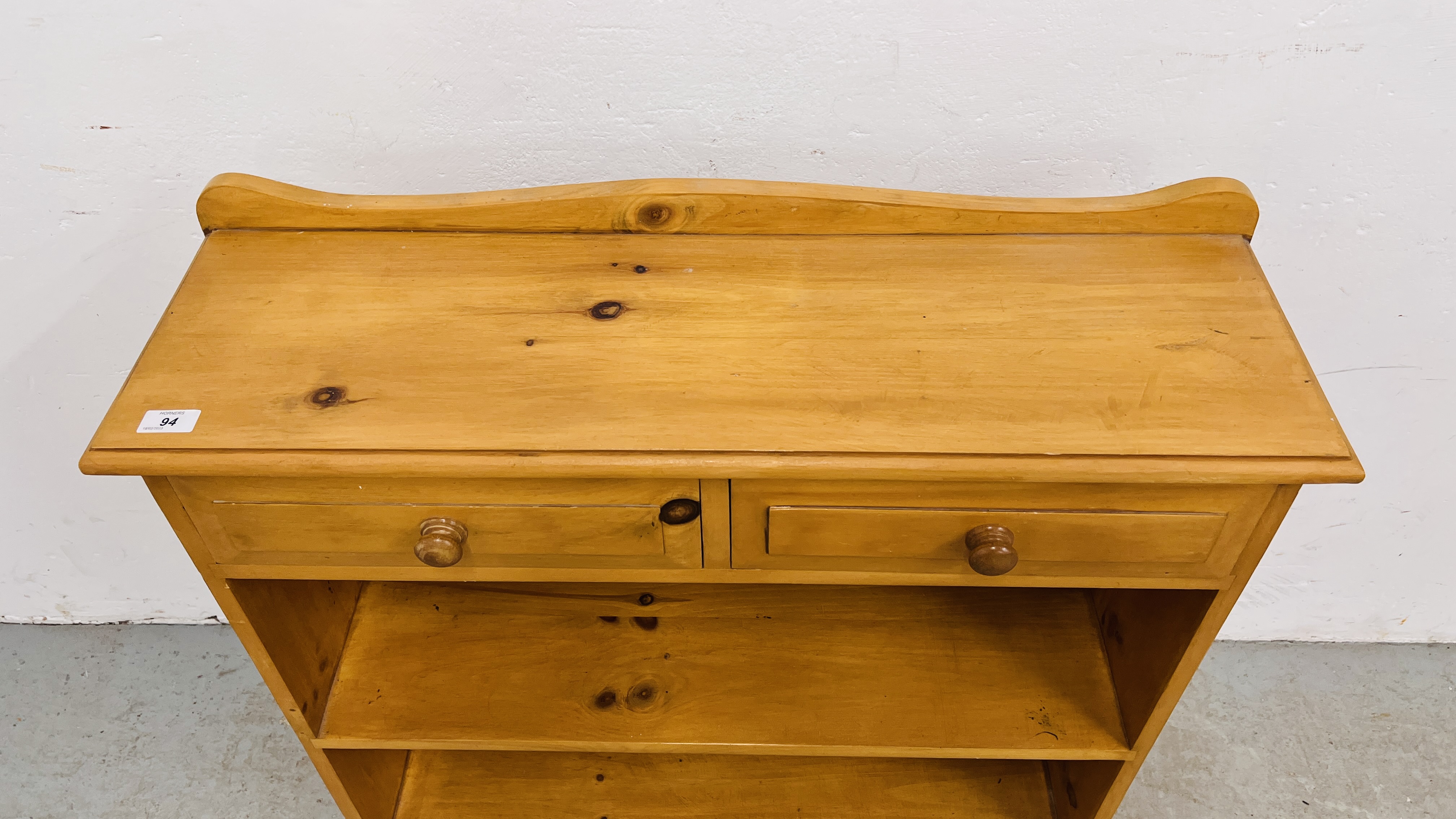 A WAXED PINE TWO TIER BOOKSHELF WITH DRAWERS, W 87CM, D 27CM, H 88CM. - Image 2 of 8