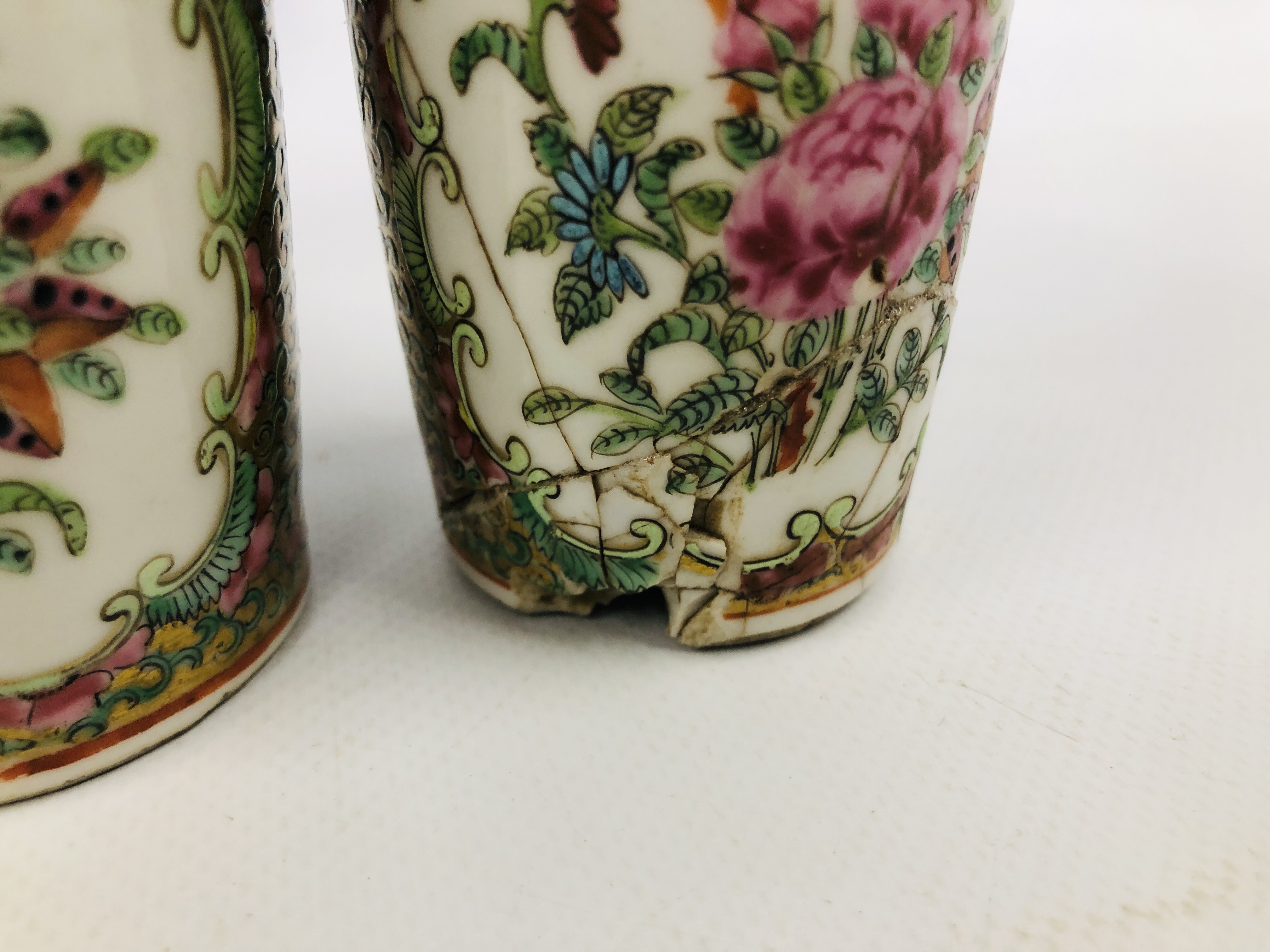 3 X PAIRS OF CANTONESE FAMILLE ROSE VASES, THE LARGEST H 22.5CM (GOOD CONDITION, THE OTHERS H 14. - Image 6 of 17