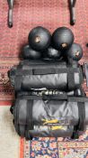 5 X WOLF X POWER TRAINING BAGS; VARIOUS WEIGHTS ALONG WITH 7 X MEDICINE BALLS,