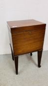 A MAHOGANY WINE COOLER (NO LINERS), W 36CM, D 30CM, H 64CM STANDING ON SQUARE TAPERED LEG.