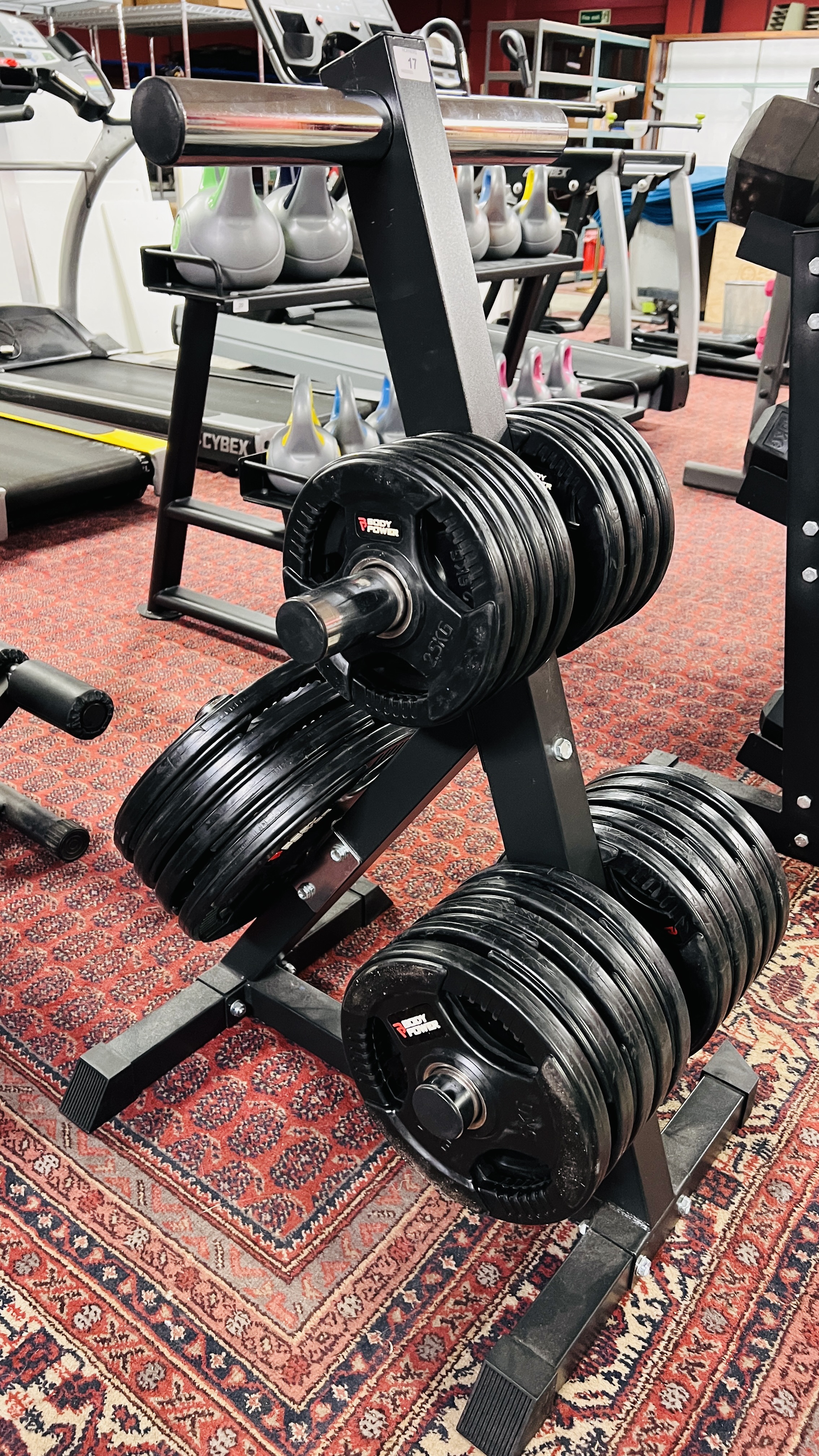 A PROFESSIONAL GYM WEIGHT STAND CONTAINING BODY POWER RUBBER ENCASED TRI-GRIP OLYMPIC DISC WEIGHTS - Image 2 of 5