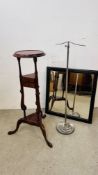 REPRODUCTION HARDWOOD HAVING STAND AND CHROME HABERDASHERY STAND AND HABERDASHERY MIRROR.