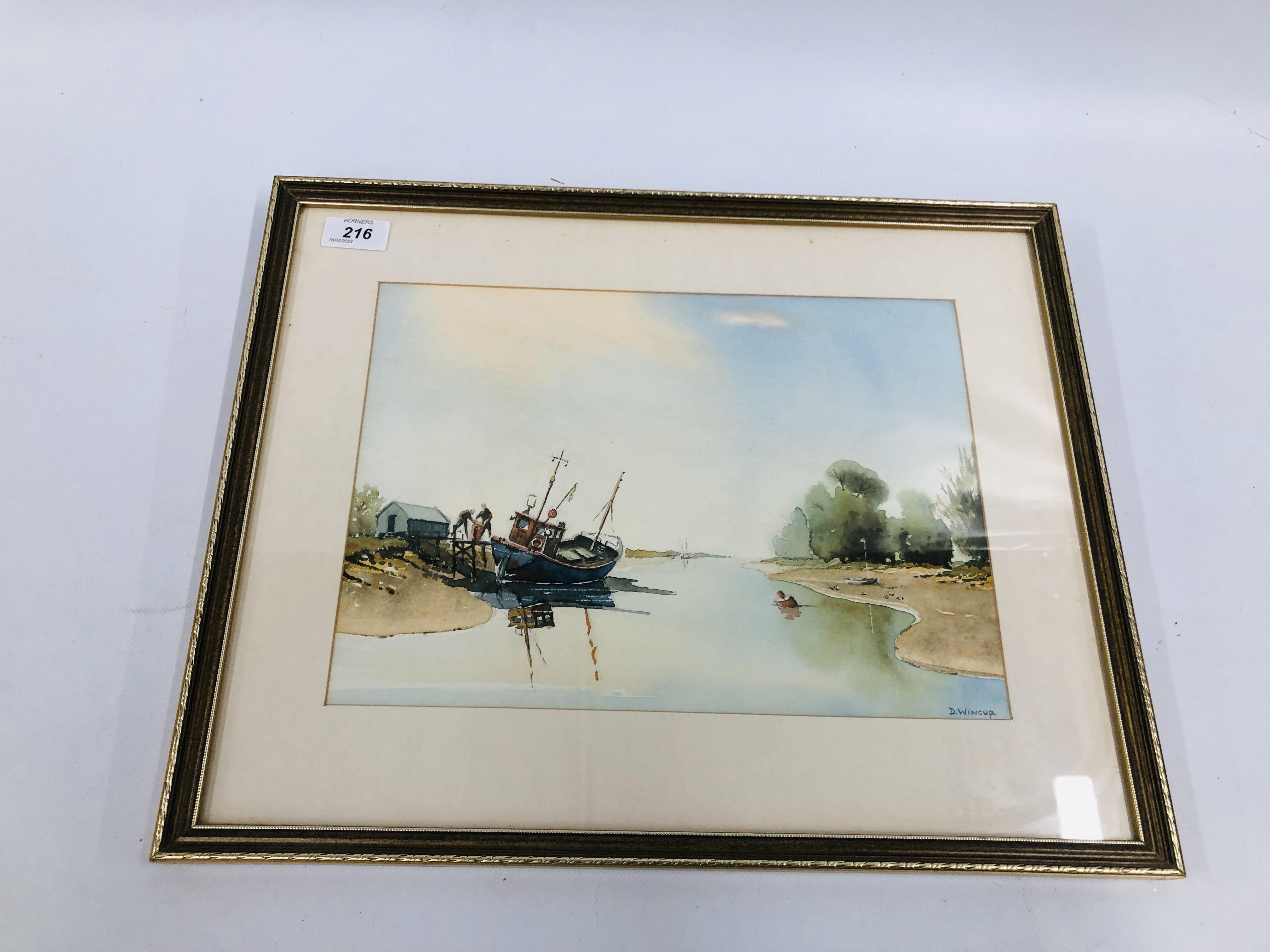 AN ORIGINAL FRAMED WATERCOLOUR "LOCAL FISHING TRAWLER" BEARING SIGNATURE D. WINCUP W 33.5CM. X H 24.