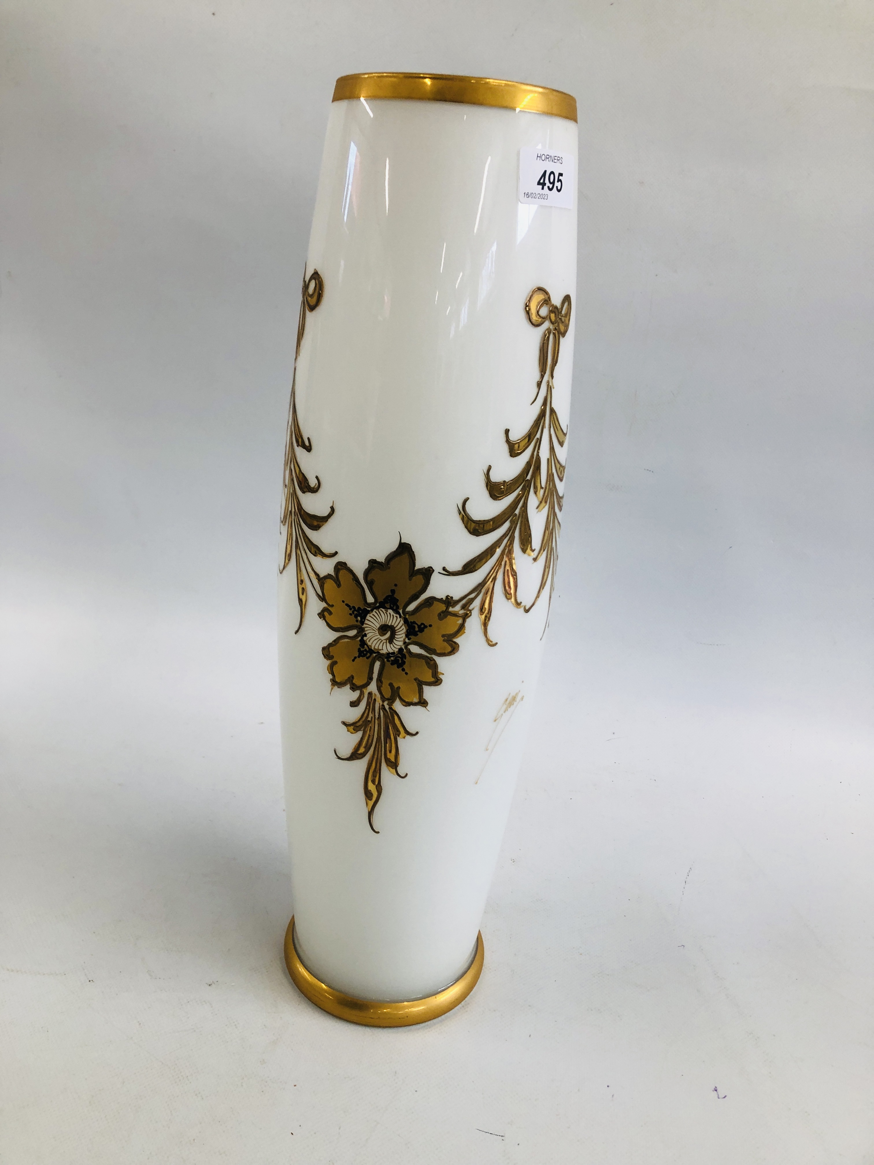 A LARGE ELABORATE WHITE GLASS VASE WITH APPLIED GILT FLORAL DECORATION BEARING SIGNATURE "CIARI", - Image 3 of 5