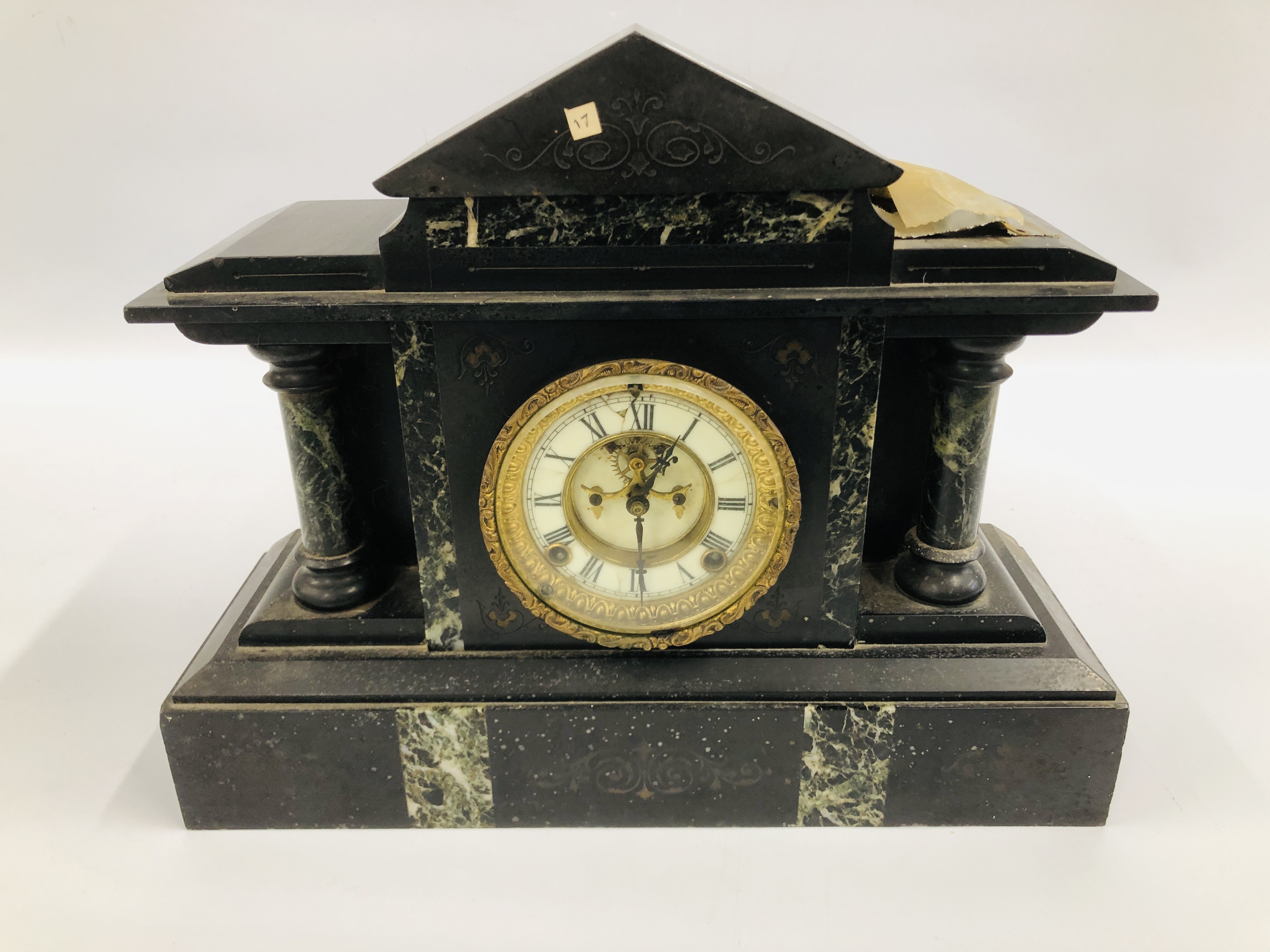 AN ELABORATE VINTAGE SLATE AND MARBLE MANTEL CLOCK, ENAMELLED DIAL MARKED ANSONIA CLOCK CO L 43.5CM. - Image 3 of 8