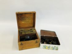 A VINTAGE MAHOGANY BOX CONTAINING VARIOUS BRASS LETTER STAMPS AND INKS BEARING ORIGINAL MAKERS