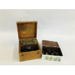 A VINTAGE MAHOGANY BOX CONTAINING VARIOUS BRASS LETTER STAMPS AND INKS BEARING ORIGINAL MAKERS