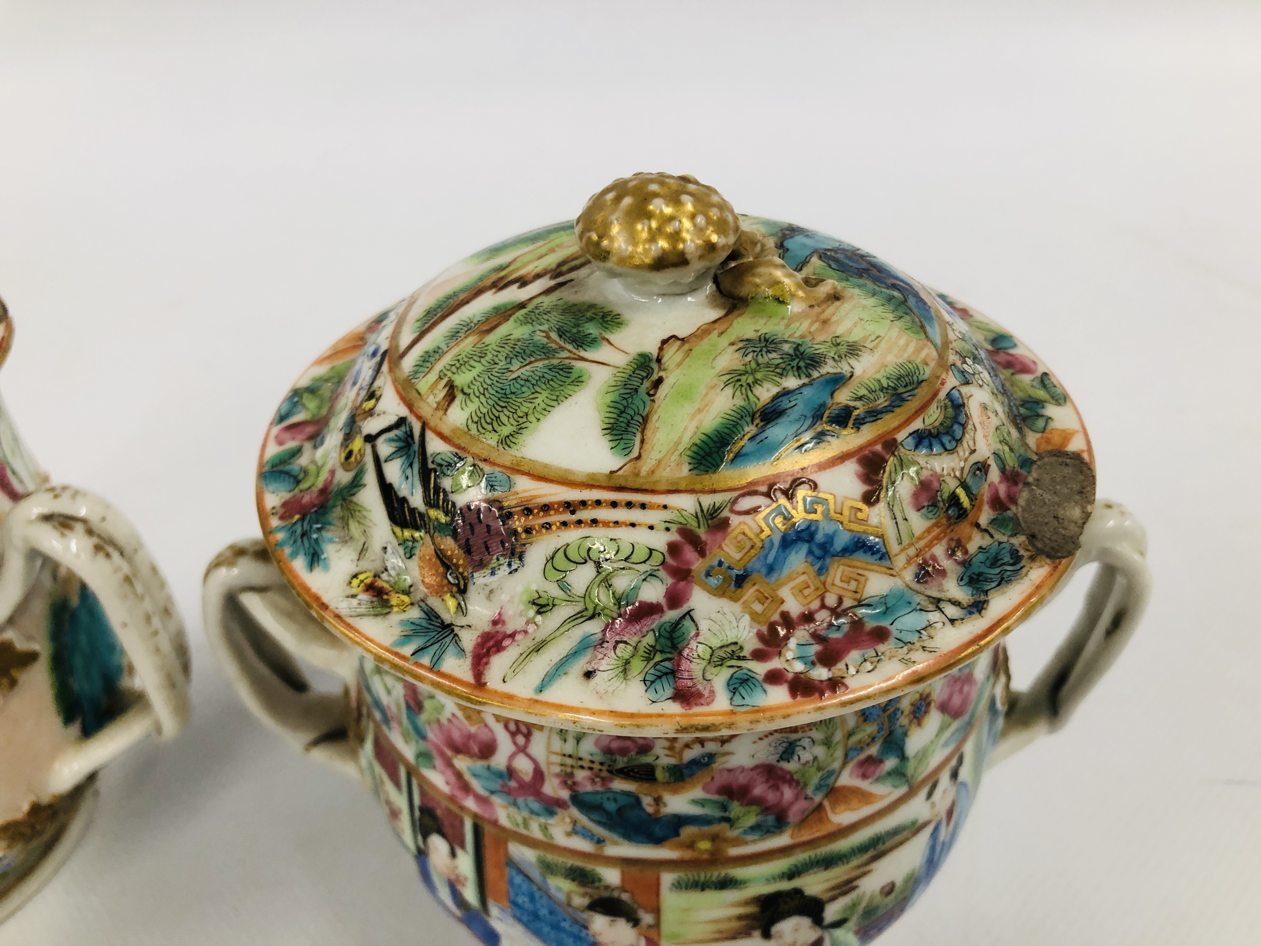 CANTONESE TEAPOT AND COVER ALONG WITH A SUGAR BASIN AND COVER AND A PAIR OF TWO HANDLED BOWLS AND - Image 11 of 17