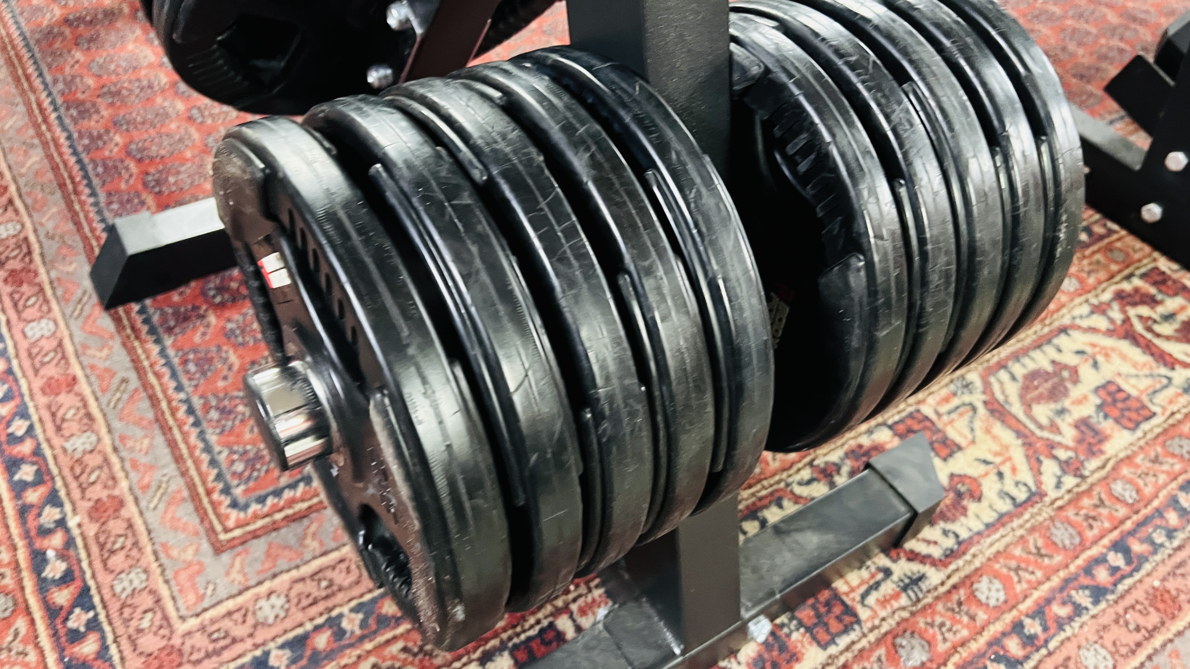 A PROFESSIONAL GYM WEIGHT STAND CONTAINING BODY POWER RUBBER ENCASED TRI-GRIP OLYMPIC DISC WEIGHTS - Image 5 of 5