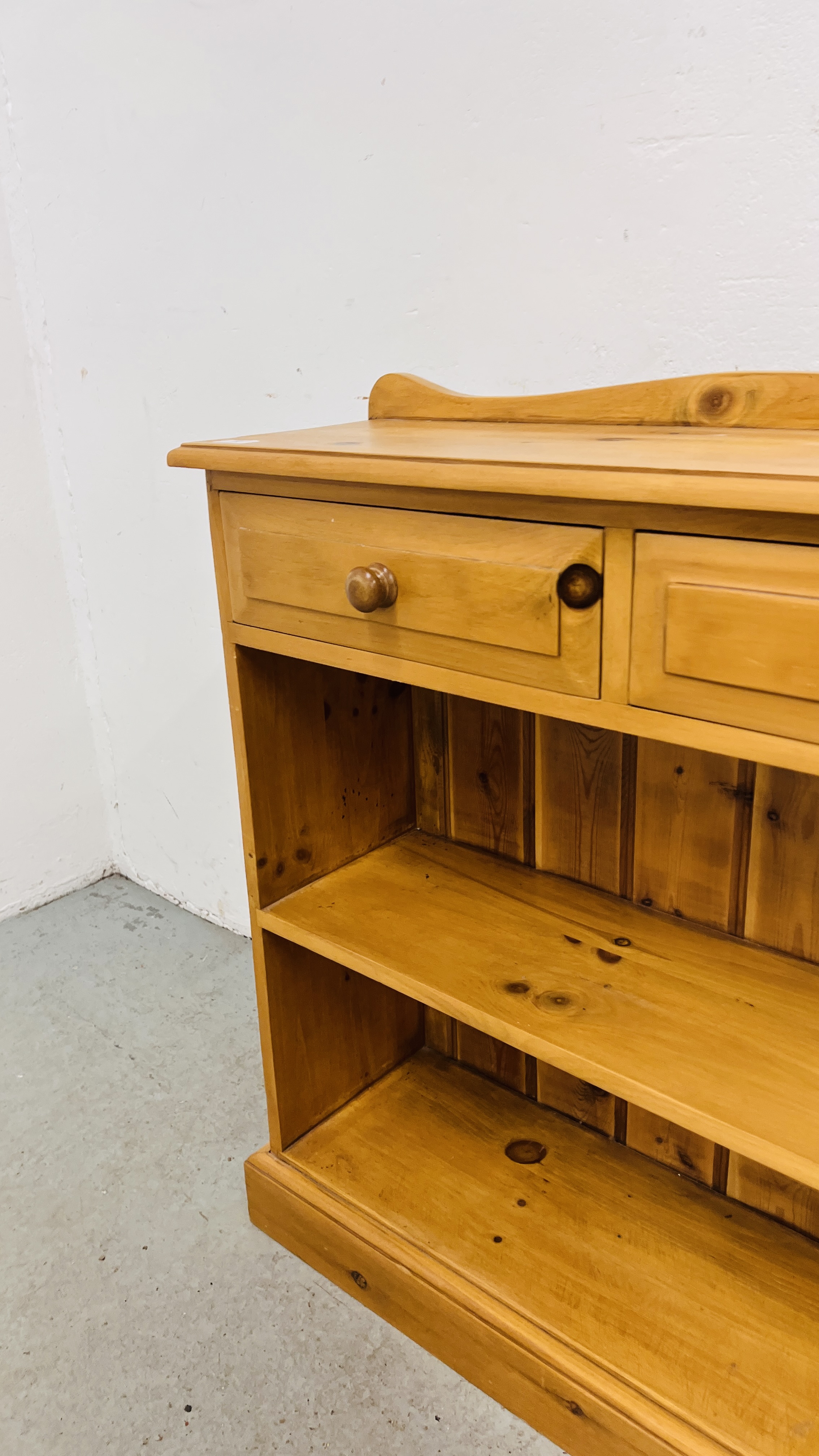 A WAXED PINE TWO TIER BOOKSHELF WITH DRAWERS, W 87CM, D 27CM, H 88CM. - Image 5 of 8