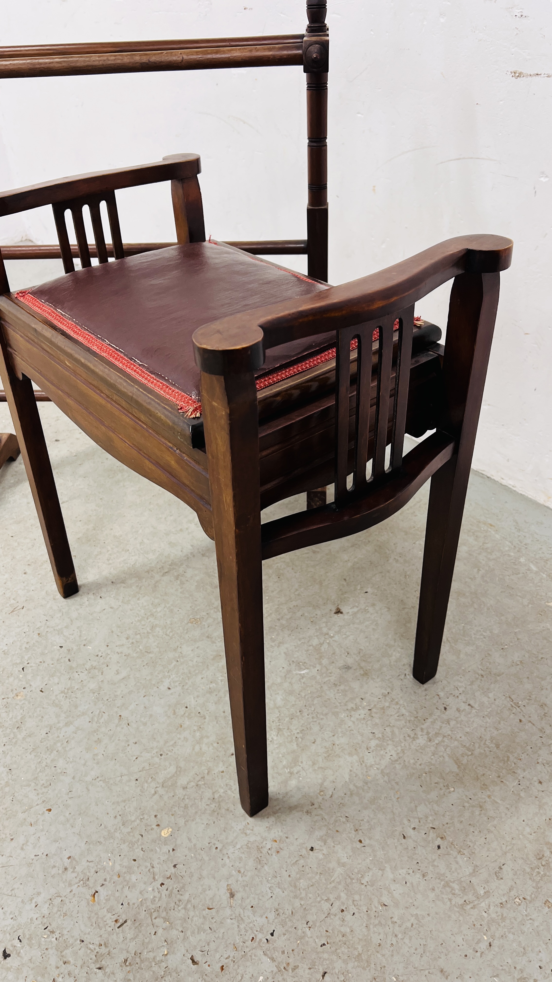 VINTAGE MAHOGANY TOWEL RAIL ALONG WITH A MAHOGANY FRAMED PIANO STOOL. - Image 4 of 8