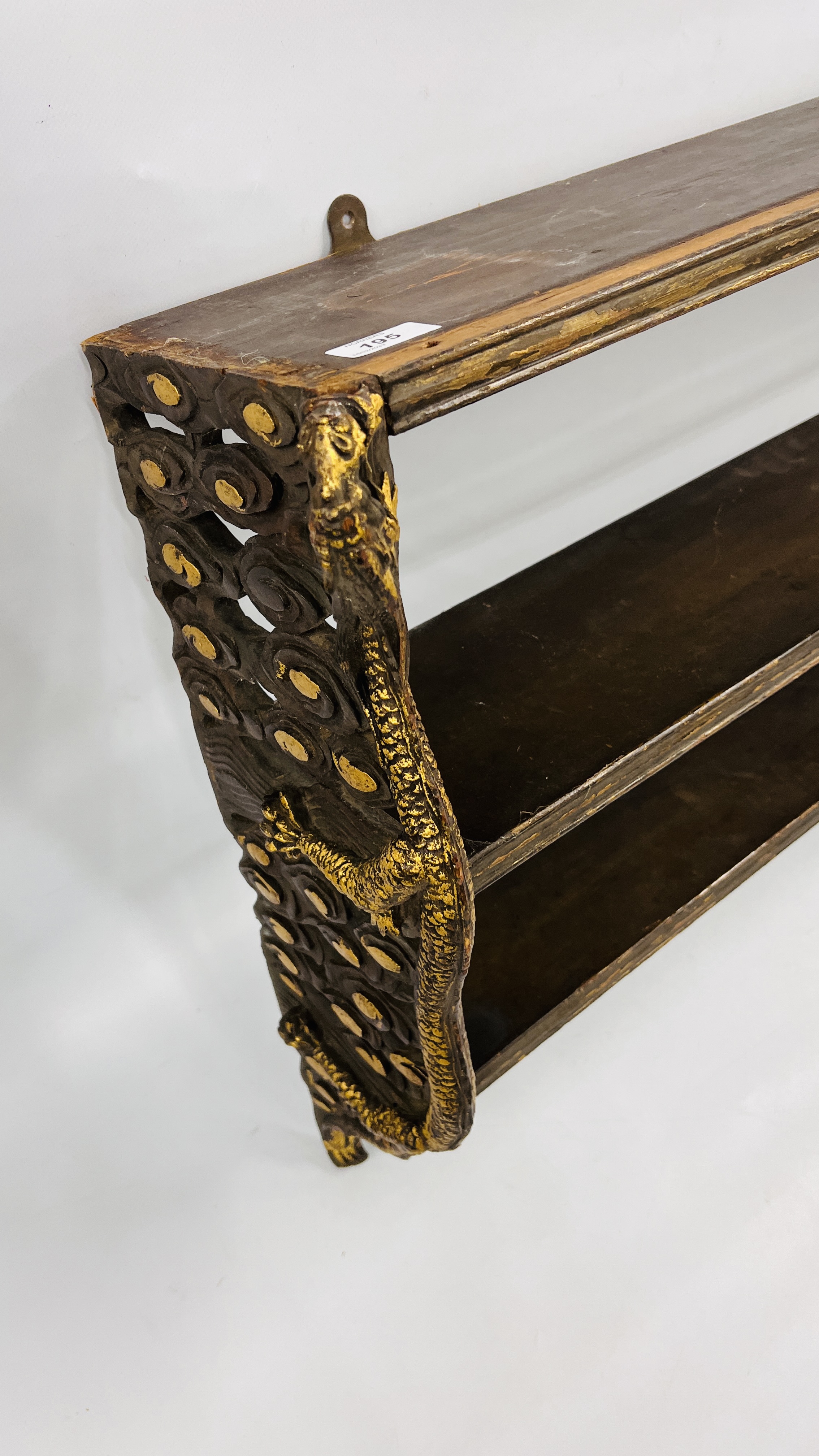 C20TH CHINESE STYLE THREE TIER BRACKET SHELF WITH DRAGON CARVED DETAIL - W 117CM. H 60CM. D 24CM. - Image 9 of 9