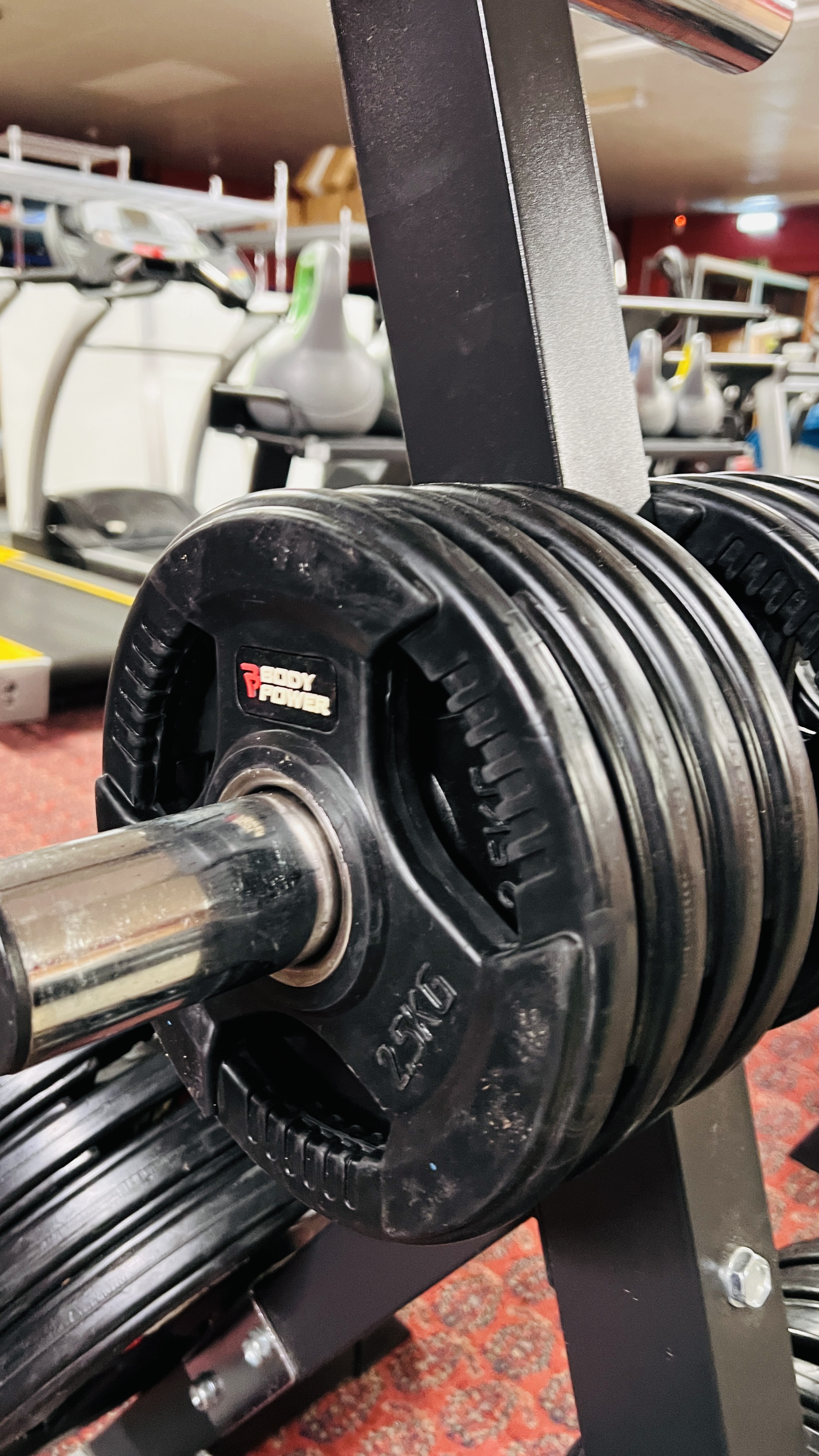 A PROFESSIONAL GYM WEIGHT STAND CONTAINING BODY POWER RUBBER ENCASED TRI-GRIP OLYMPIC DISC WEIGHTS - Image 3 of 5