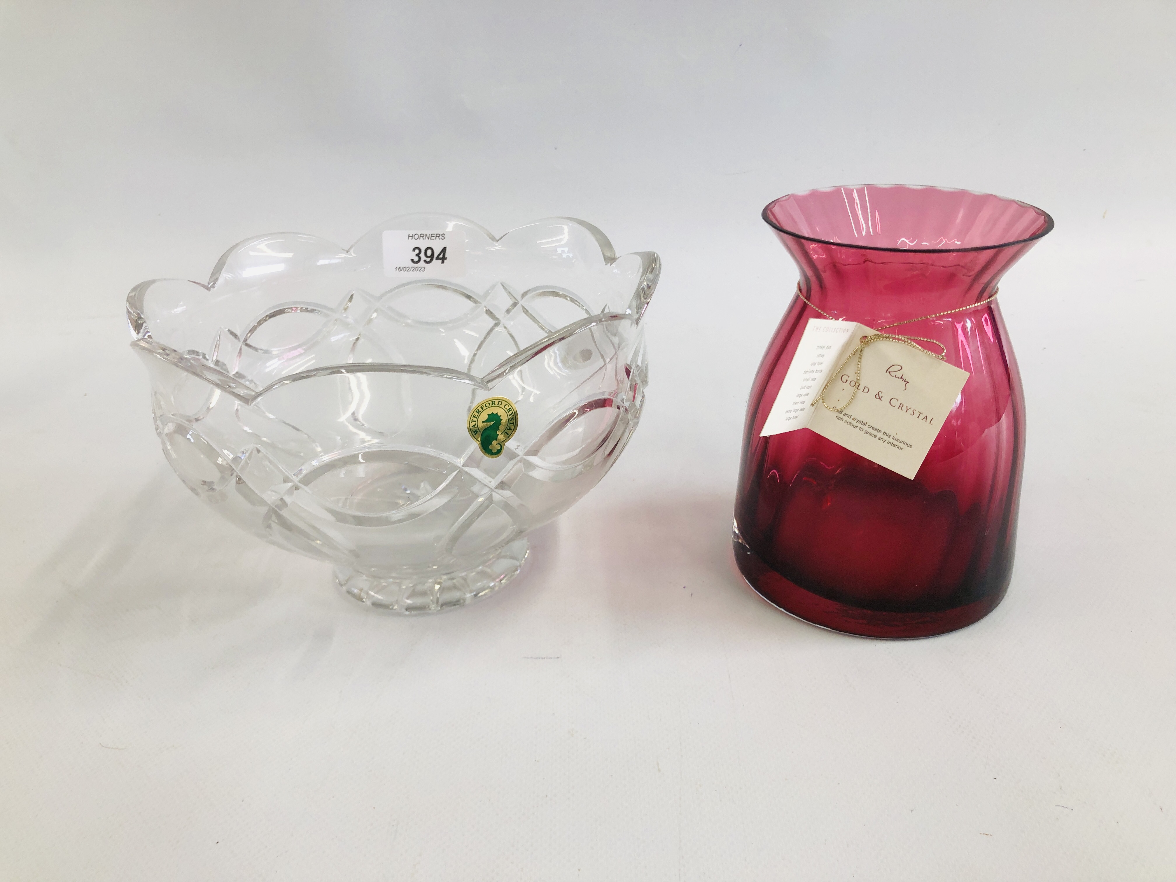 WATERFORD CRYSTAL BOWL ALONG WITH DARTINGTON RUBY CRYSTAL VASE.