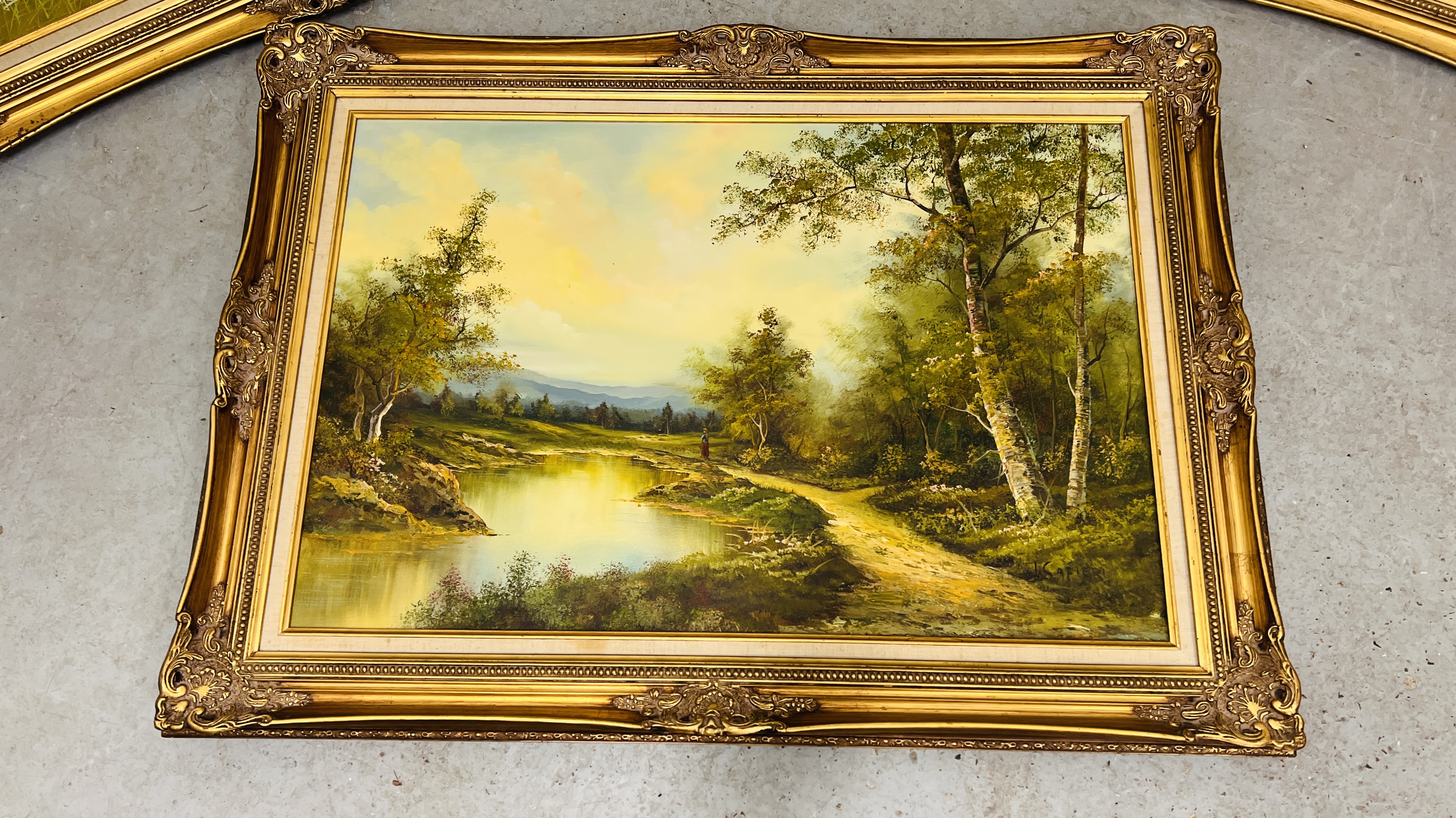 A GROUP OF 3 GILT FRAMED LANDSCAPE AND RIVER PICTURES, OIL ON CANVAS - W 112CM. X H 81.5CM. - Image 2 of 4