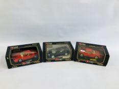 A GROUP OF THREE "BURAGO" DIE CAST MODELS TO INCLUDE FERRARI 348tb (1989), FERRARI GTO (1984),