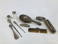 COLLECTION OF SILVER BACKED DRESSING TABLE ITEMS TO INCLUDE BRUSH, COMB, TRINKET POTS,