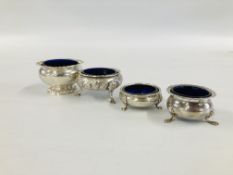 FOUR VARIOUS SILVER BLUE GLASS LINED SALTS.