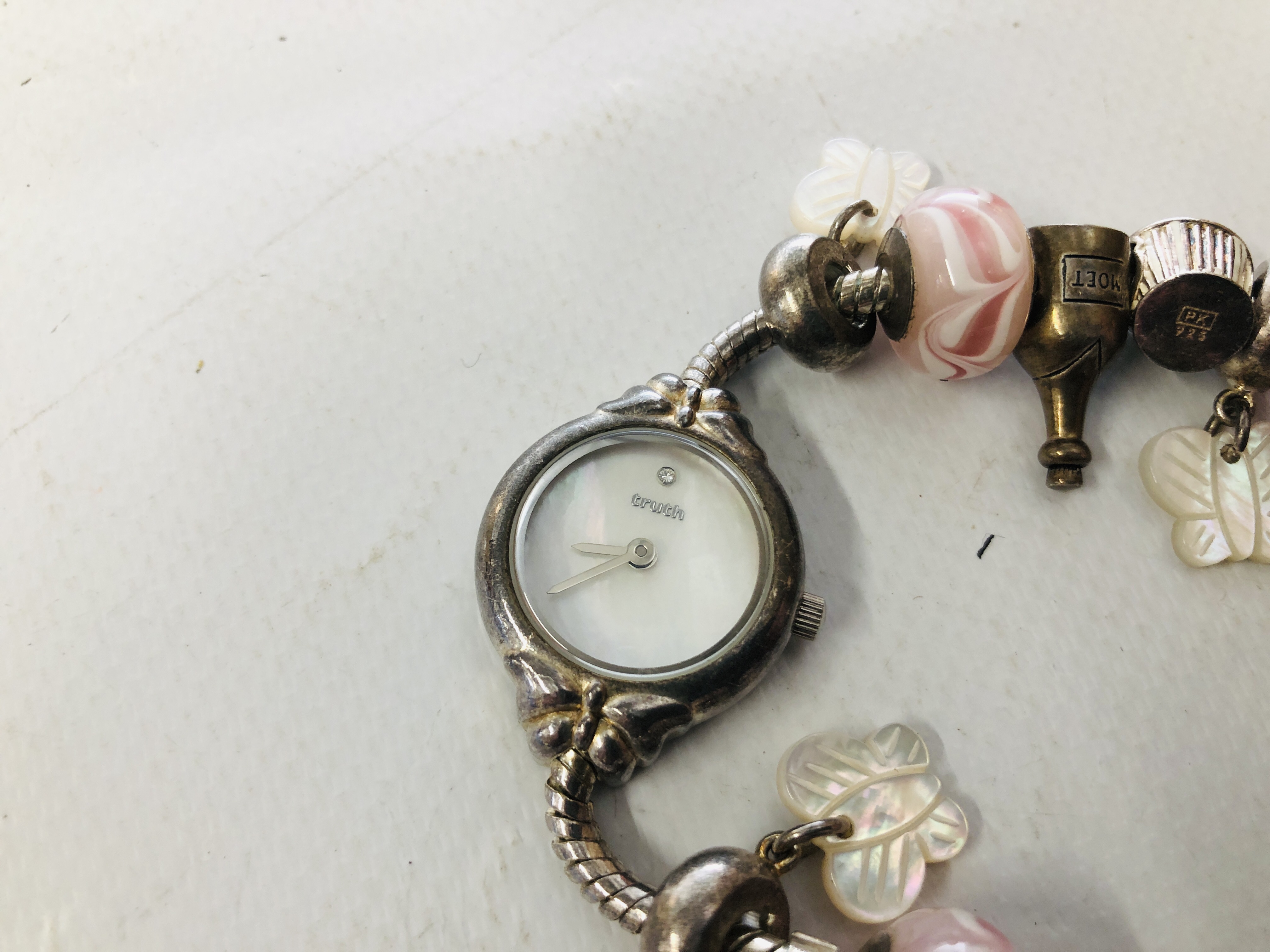 SILVER .925 "TRUTH" BRACELET WITH CHARMS AND WATCH ATTACHED. - Image 4 of 6