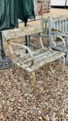 AN ANTIQUE SINGLE SEAT METAL ENDED SCROLL ARM GARDEN CHAIR WITH WOODEN SLATS, LENGTH 70CM.