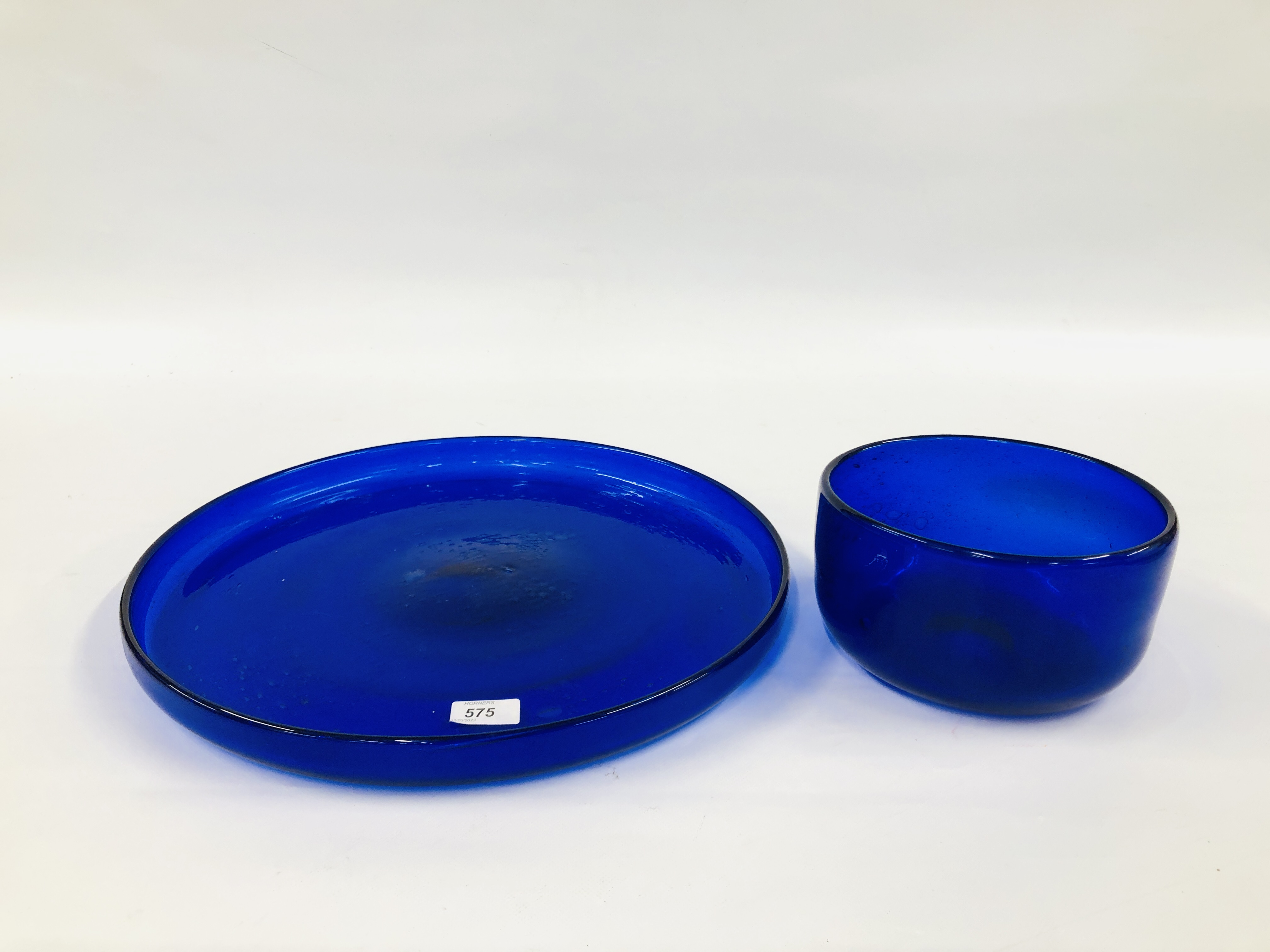 A LARGE BLUE STUDIO ART GLASS CIRCULAR TRAY DIAMETER 43.