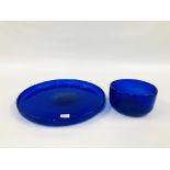 A LARGE BLUE STUDIO ART GLASS CIRCULAR TRAY DIAMETER 43.