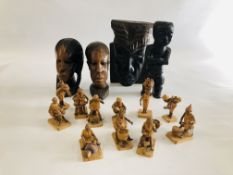 4 HARDWOOD STUDIES TO INCLUDE BUSTS ALONG WITH A GROUP OF TERRACOTTA WORKING FIGURES.