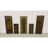 A COLLECTION OF 5 BRASS EFFECT RUBBINGS TO INCLUDE A KNIGHT, MUMMY ETC. 100CM. H. 31CM. W.