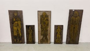 A COLLECTION OF 5 BRASS EFFECT RUBBINGS TO INCLUDE A KNIGHT, MUMMY ETC. 100CM. H. 31CM. W.