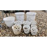 A GROUP OF 10 WHITE GLAZED PLANTERS INCLUDING A PAIR OF CHERUB DESIGN, AND 7 OF SWEDISH DESIGN.