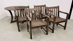 FOUR HARDWOOD GARDEN CHAIRS PLUS CIRCULAR HARDWOOD GARDEN TABLE - DIAMETER 112CM.