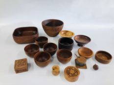A COLLECTION OF ASSORTED TREEN TO INCLUDE MAINLY BOWLS ETC.