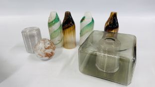 A GROUP OF HANDCRAFTED ART GLASS STUDIO SHADES TO INCLUDE AN ART DECO STYLE EXAMPLE.