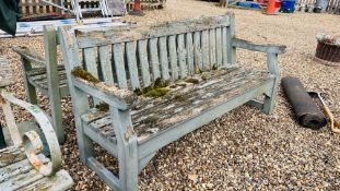 A BLUE PAINTED HARD WOOD GARDEN BENCH A/F - LENGTH 167CM.