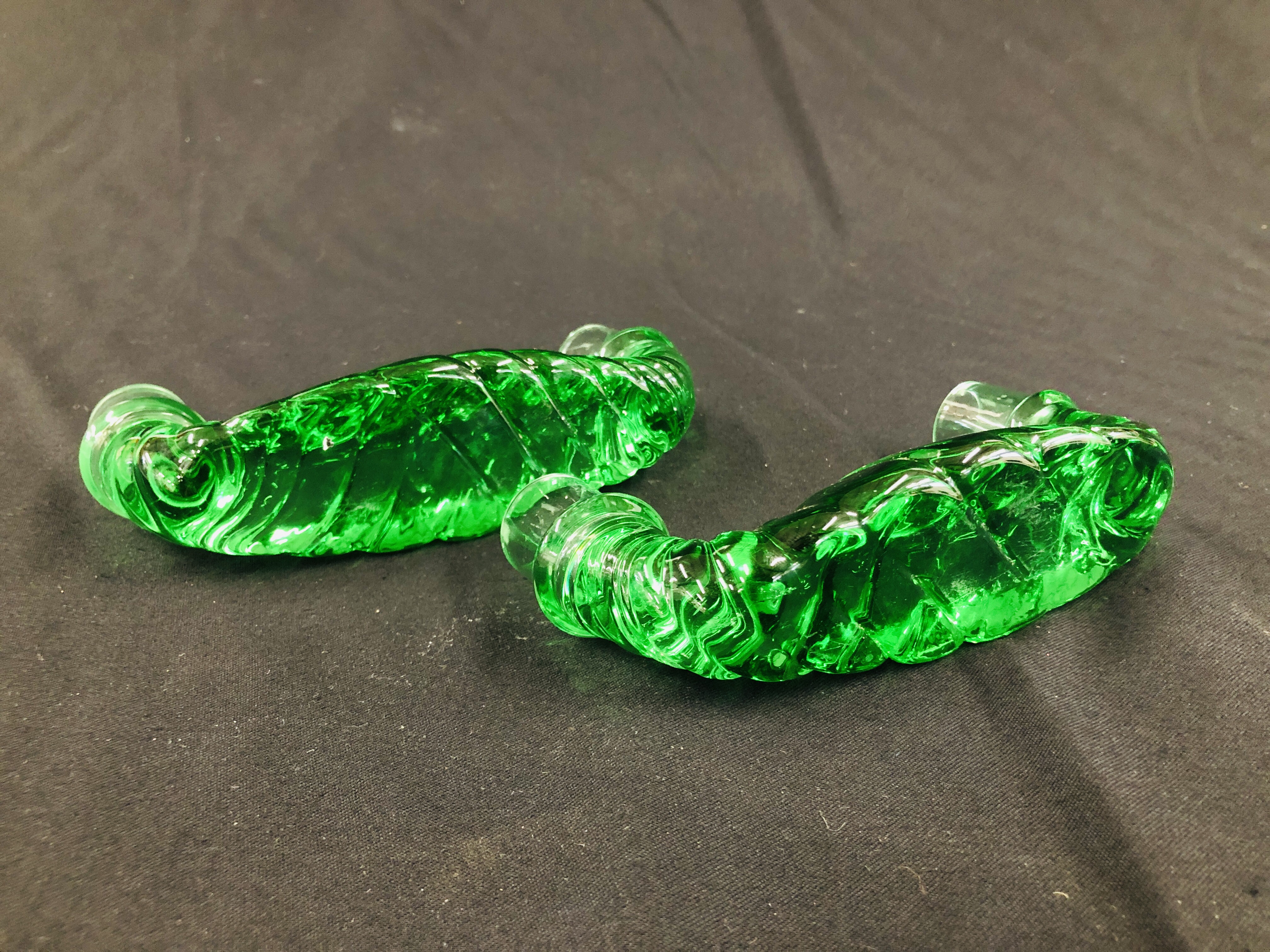 PAIR OF UNUSUAL GREEN GLASS DOUBLE ENDED CANDLE HOLDERS, NO VISIBLE MAKERS NAME L 16CM. - Image 4 of 4