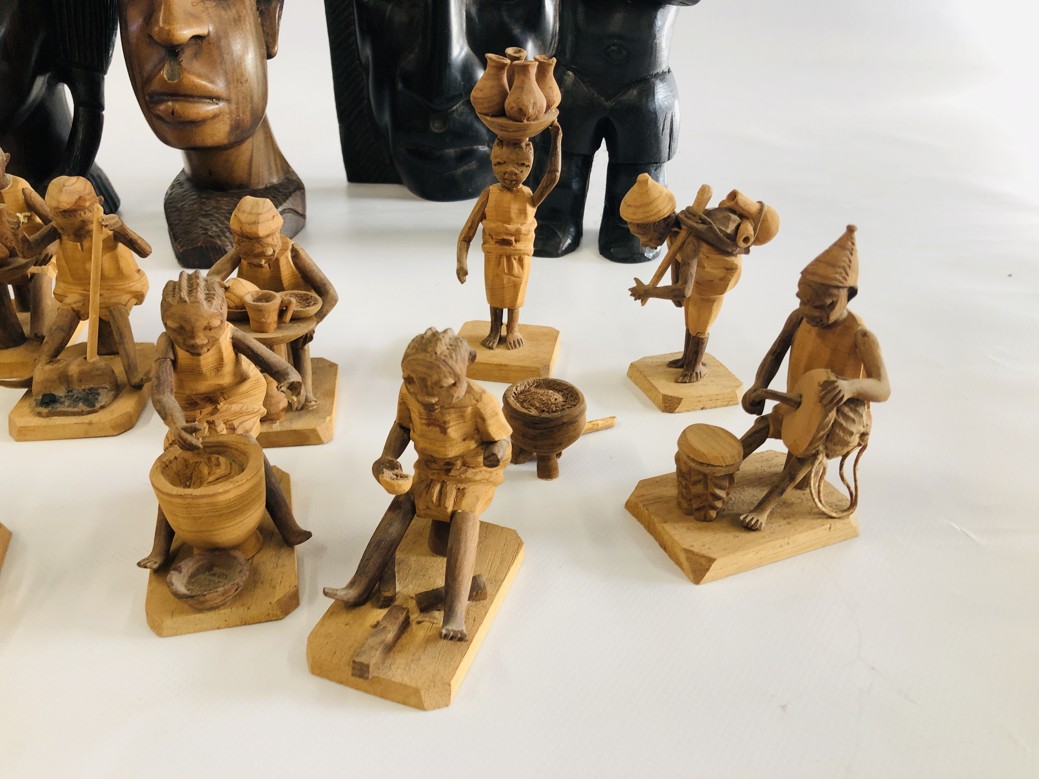 4 HARDWOOD STUDIES TO INCLUDE BUSTS ALONG WITH A GROUP OF TERRACOTTA WORKING FIGURES. - Image 3 of 6