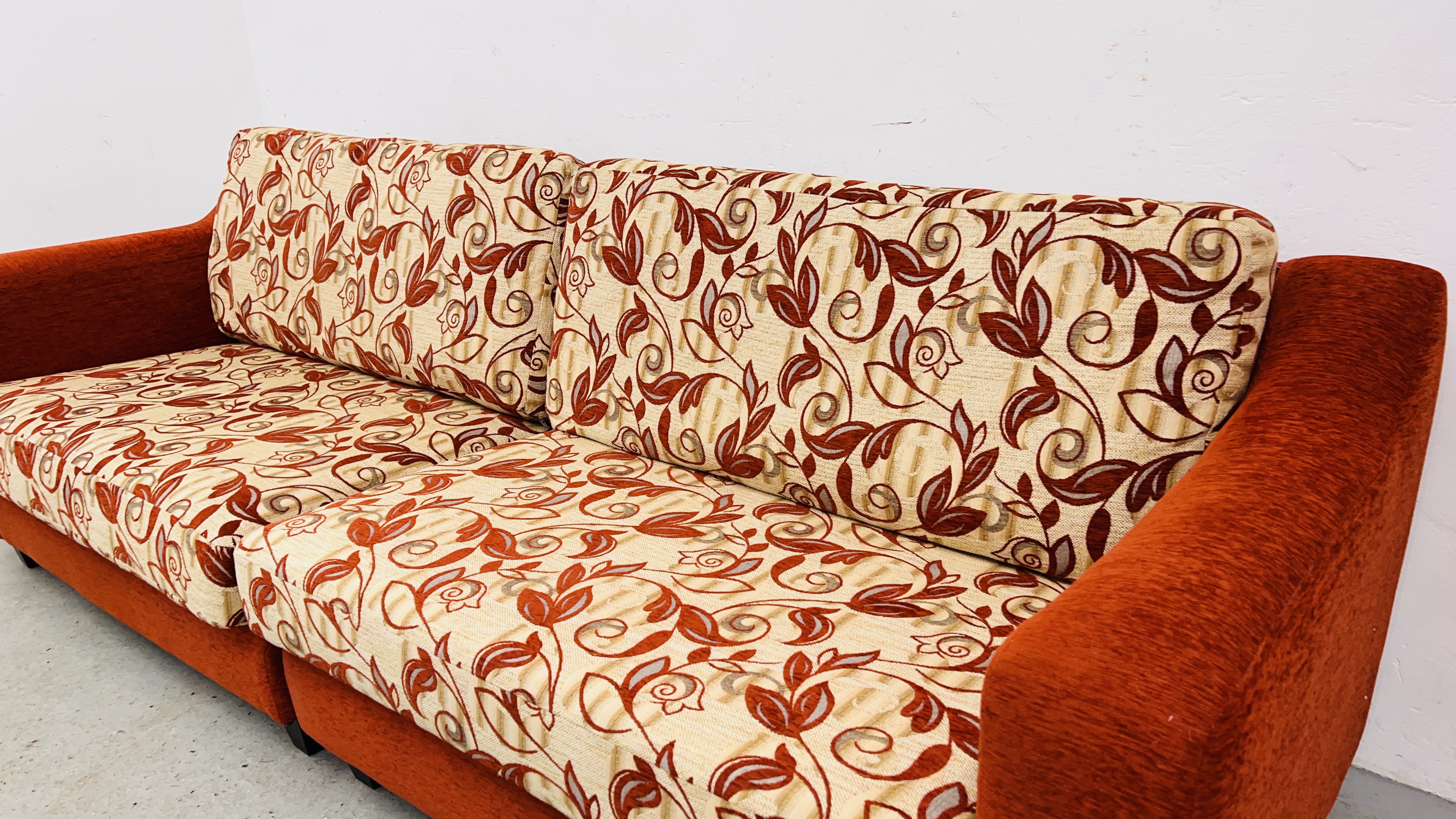 A LARGE MODERN RED UPHOLSTERED SOFA, WITH PATTERNED CUSHIONS - L 260CM. X H 80CM. X D 90CM. - Image 2 of 10