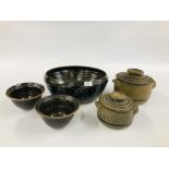 A GROUP OF STUDIO POTTERY TO INCLUDE TWO IMPRESSIVE GLAZED STUDIO POTTERY TWO HANDLED CASSEROLE