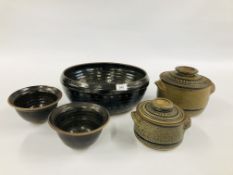 A GROUP OF STUDIO POTTERY TO INCLUDE TWO IMPRESSIVE GLAZED STUDIO POTTERY TWO HANDLED CASSEROLE