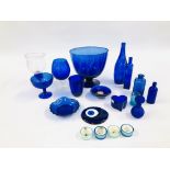 A COLLECTION OF BLUE STUDIO ART GLASS COMPRISING OFF VARIOUS BOTTLES,