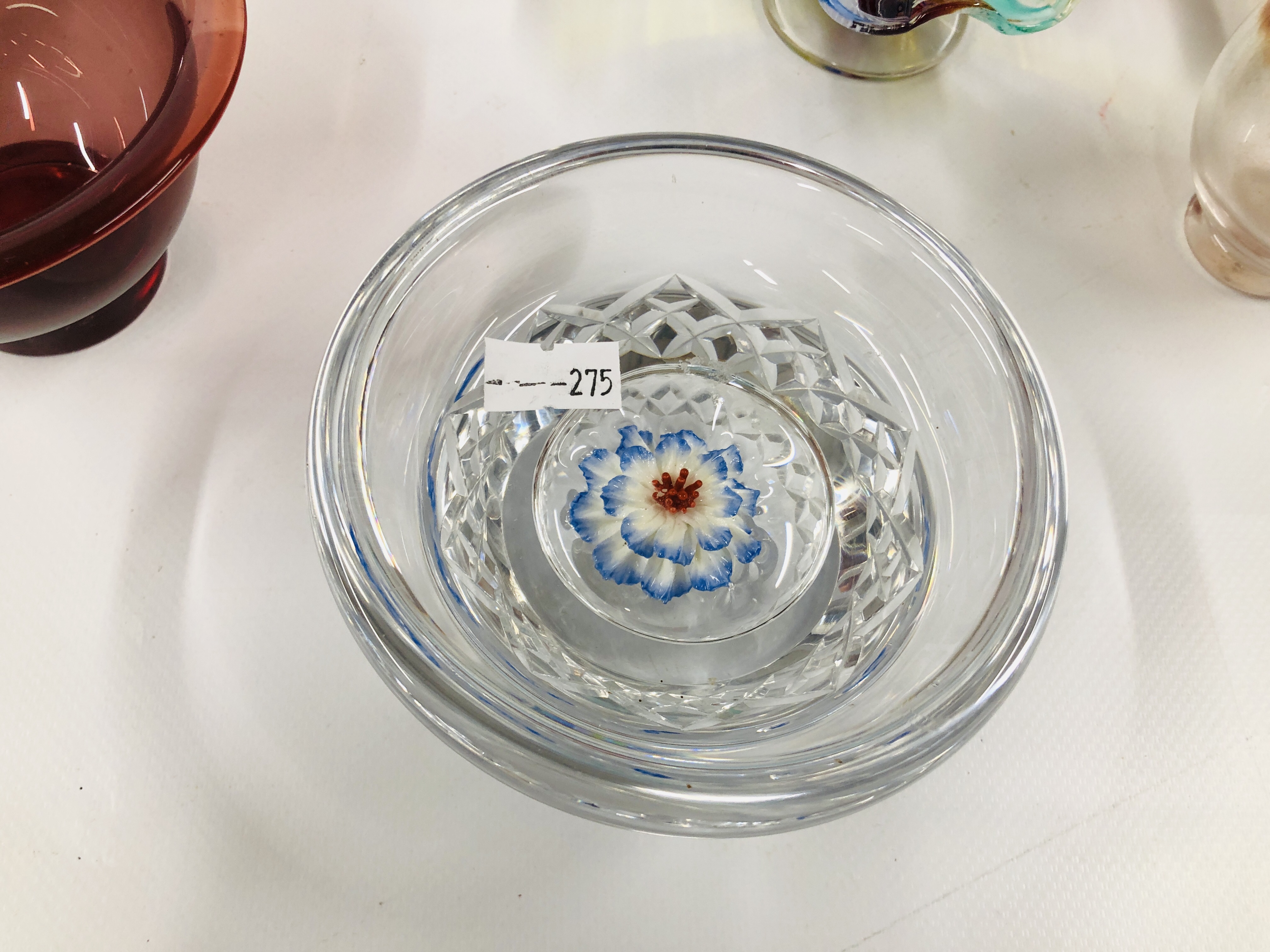 A BLUE OVAL GLASS DISH ALONG WITH THREE SMALL GLASS BOWLS, ONE WITH RED SPIRAL DECORATION, - Image 6 of 14