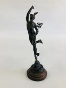 A VINTAGE METAL FIGURE OF MERCURY ON A CIRCULAR WOODEN TURNED BASE H 26CM.