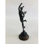 A VINTAGE METAL FIGURE OF MERCURY ON A CIRCULAR WOODEN TURNED BASE H 26CM.