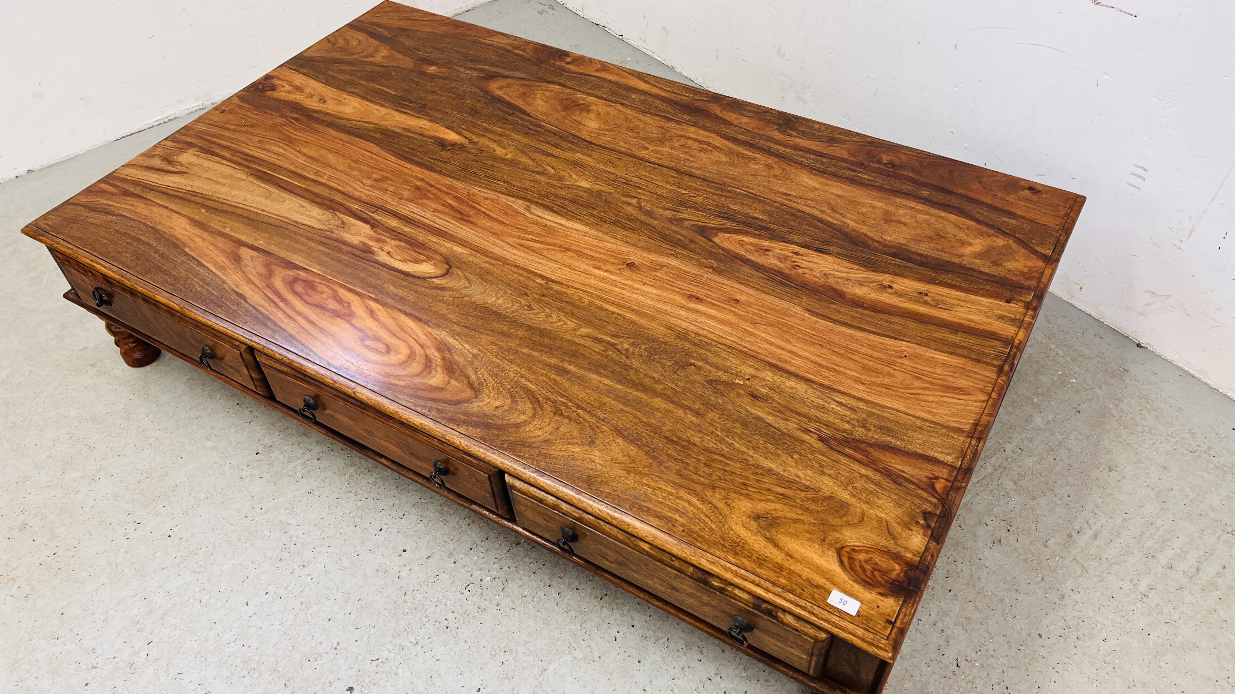 A MODERN ORIENTAL HARDWOOD COFFEE TABLE WITH FRIEZE DRAWERS 181CM. LONG. - Image 2 of 15