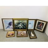 SEVEN FRAMED PICTURES AND PRINTS TO INCLUDE FLORAL STILL LIFE OIL ON CANVAS BEARING SIGNATURE T