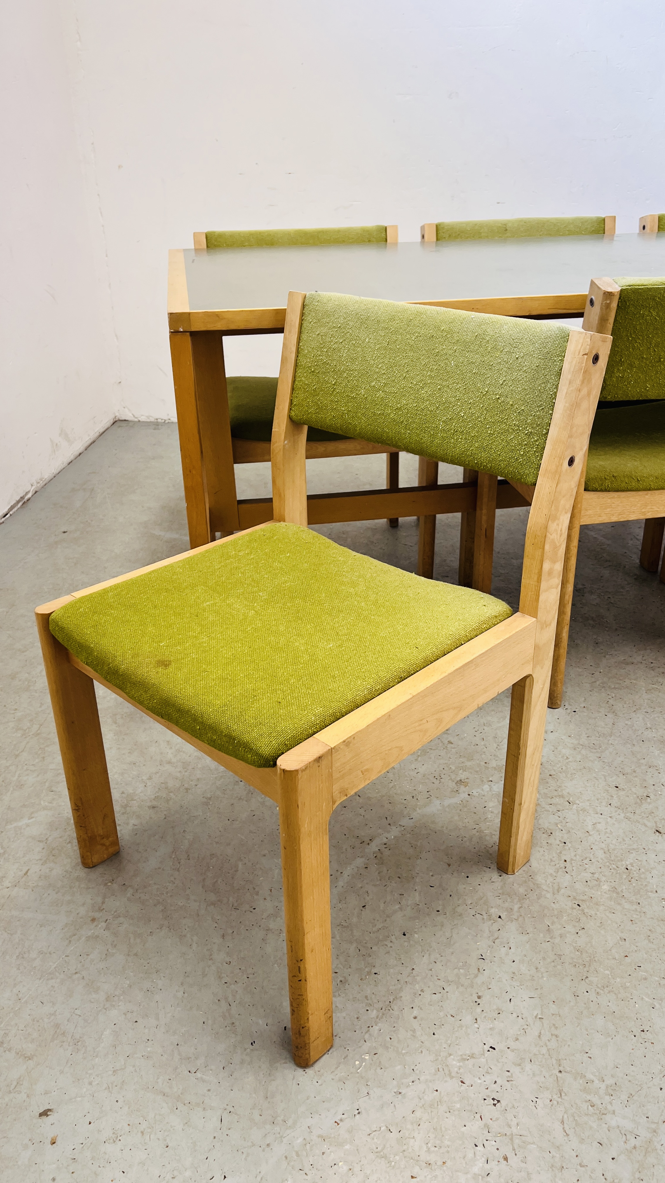 A MODERN BEECH WOOD DESK L 173CM X D 82CM X H 73CM ALONG WITH A SET OF 6 BEECH FRAMED DINING CHAIRS. - Image 8 of 10