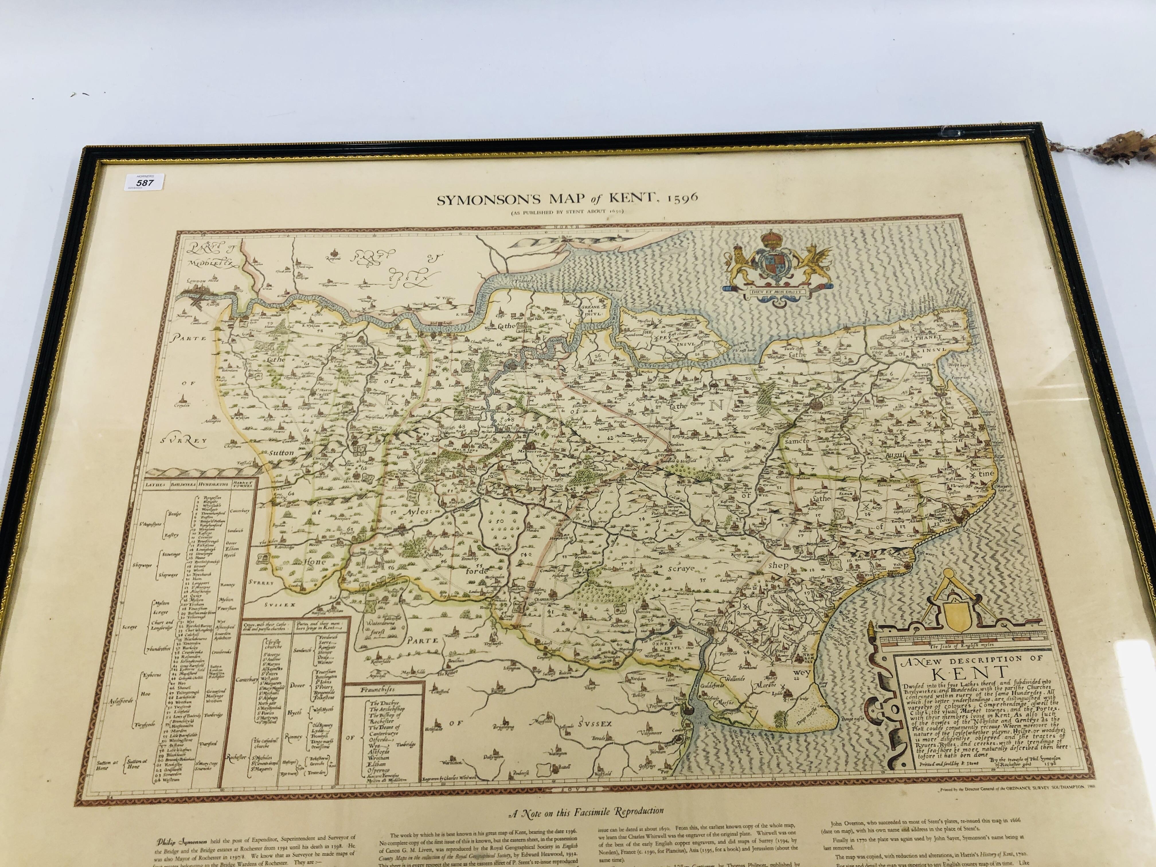 A VINTAGE SYMONSONS FRAMED MAP OF KENT 1968. - Image 2 of 8