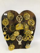 A DISPLAY CONTAINING AN ASSORTMENT OF BRASS HORSE BRASSES AND AA CAR BADGE ETC (APPROX 20).